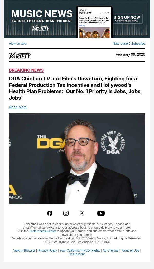 DGA Chief on TV and Film's Downturn, Fighting for a Federal Production Tax Incentive and Hollywood's Health Plan Problems: 'Our No. 1 Priority Is Jobs, Jobs, Jobs' email from Variety screenshot