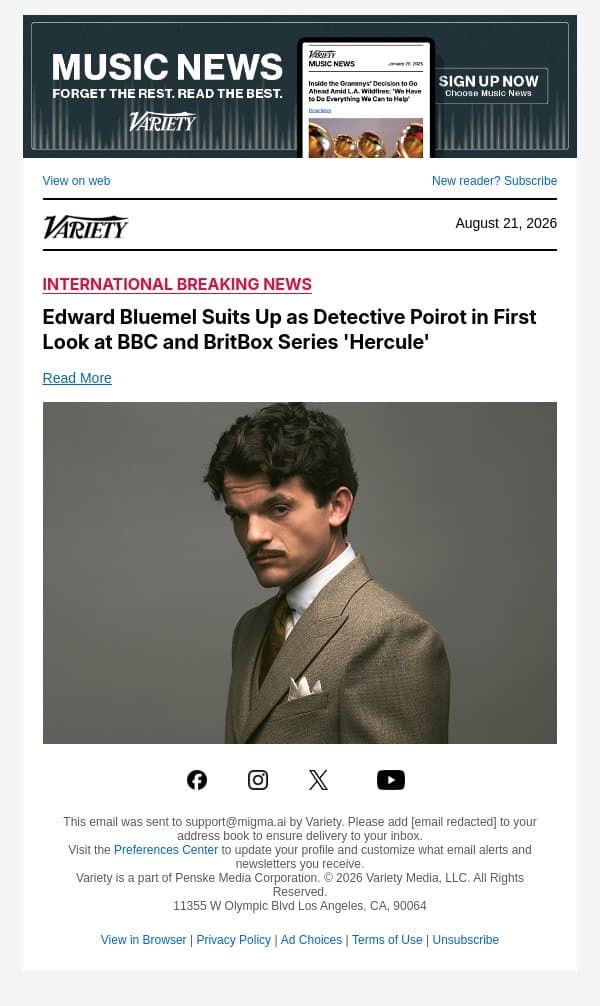 Edward Bluemel Suits Up as Detective Poirot in First Look at BBC and BritBox Series 'Hercule' email from Variety screenshot