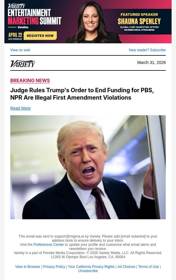 Judge Rules Trump's Order to End Funding for PBS, NPR Are Illegal First Amendment Violations email from Variety screenshot