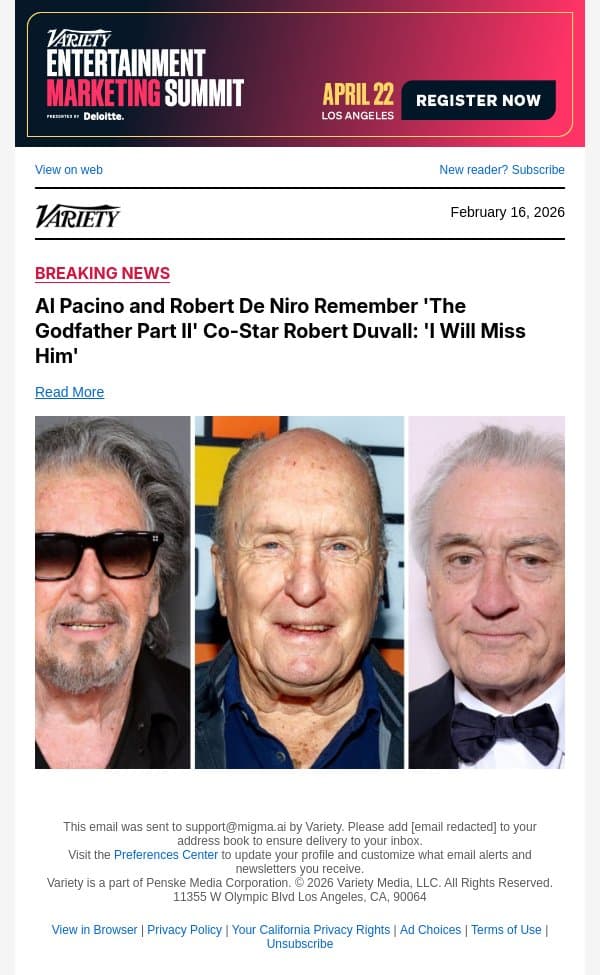 Al Pacino and Robert De Niro Remember 'The Godfather Part II' Co-Star Robert Duvall: 'I Will Miss Him' email from Variety screenshot