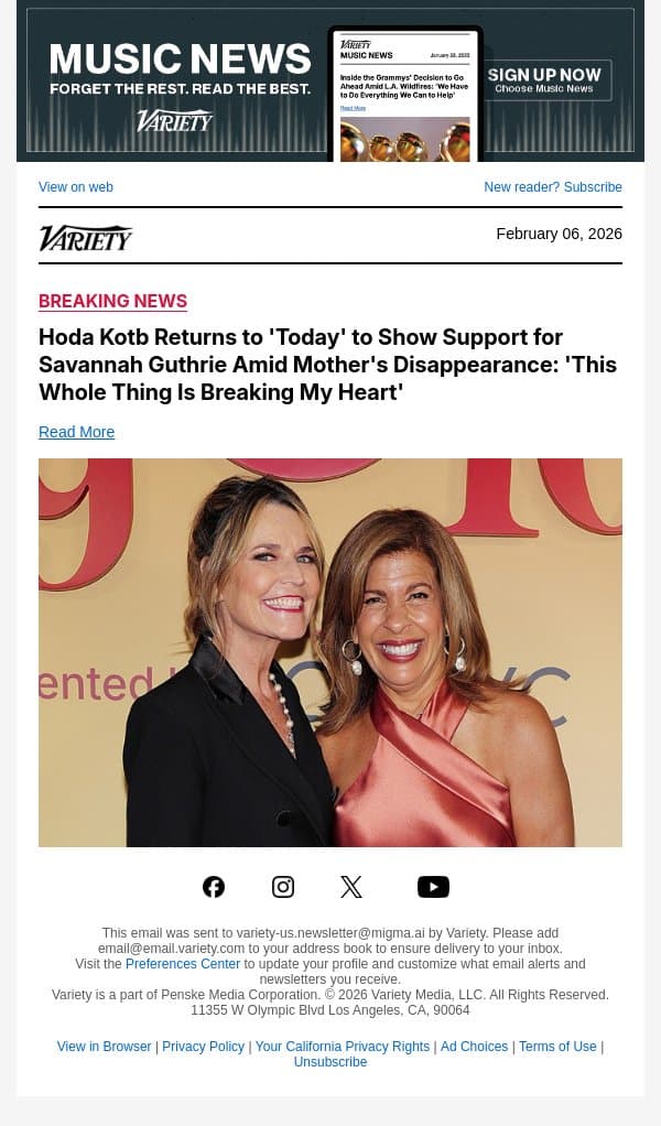 Hoda Kotb Returns to 'Today' to Show Support for Savannah Guthrie Amid Mother's Disappearance: 'This Whole Thing Is Breaking My Heart' email from Variety screenshot