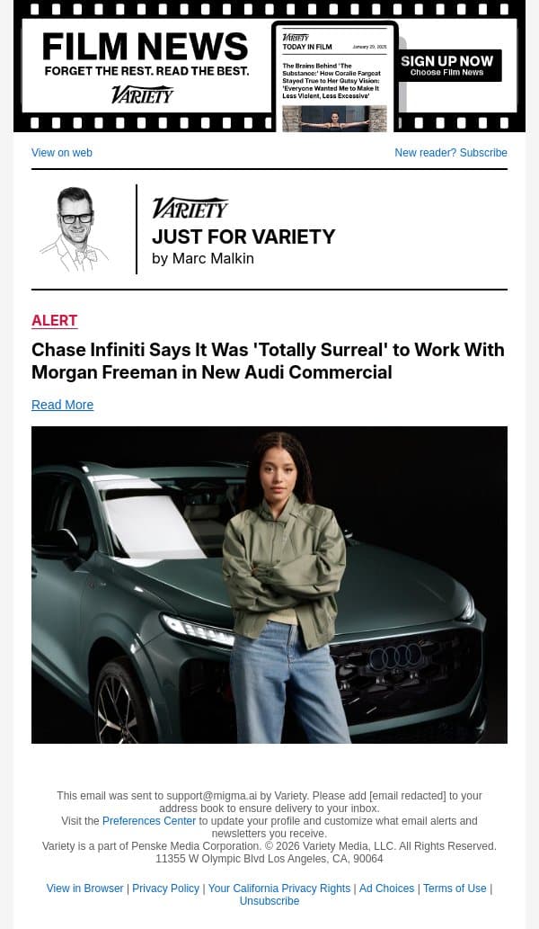 Chase Infiniti Says It Was 'Totally Surreal' to Work With Morgan Freeman in New Audi Commercial email from Variety screenshot