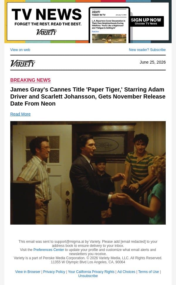 James Gray's Cannes Title 'Paper Tiger,' Starring Adam Driver and Scarlett Johansson, Gets November Release Date From Neon email from Variety screenshot