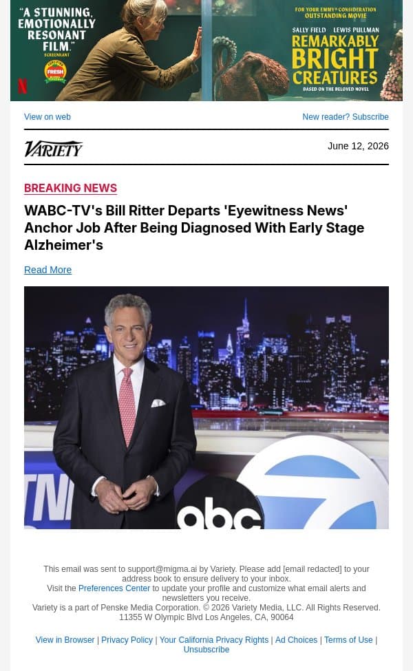 WABC-TV's Bill Ritter Departs 'Eyewitness News' Anchor Job After Being Diagnosed With Early Stage Alzheimer's email from Variety screenshot