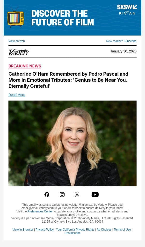 Catherine O'Hara Remembered by Pedro Pascal and More in Emotional Tributes: 'Genius to Be Near You. Eternally Grateful' email from Variety screenshot