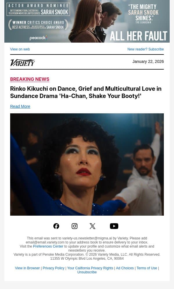 Rinko Kikuchi on Dance, Grief and Multicultural Love in Sundance Drama 'Ha-Chan, Shake Your Booty!' email from Variety screenshot