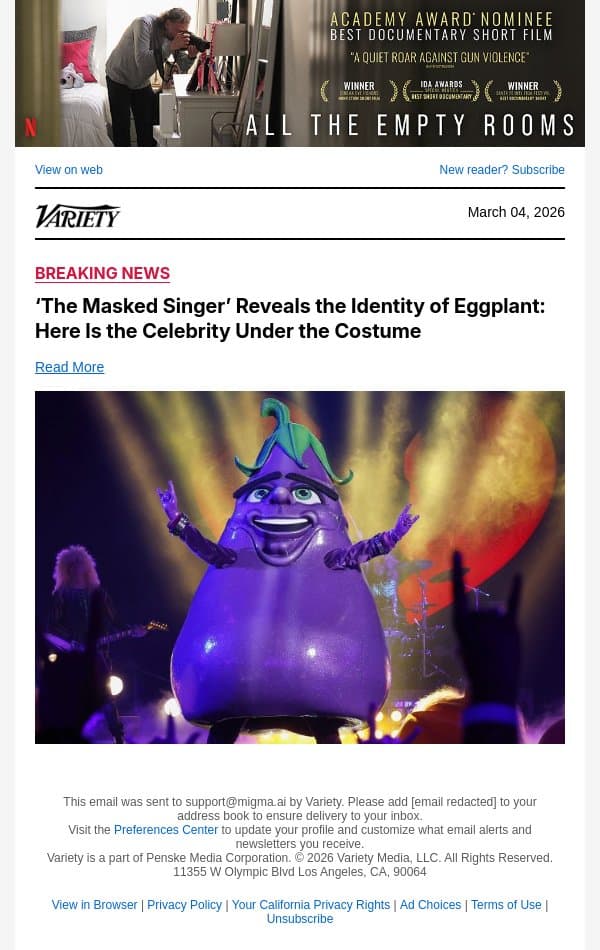 ‘The Masked Singer’ Reveals the Identity of Eggplant: Here Is the Celebrity Under the Costume email from Variety screenshot