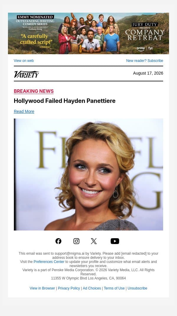 Hollywood Failed Hayden Panettiere email from Variety screenshot