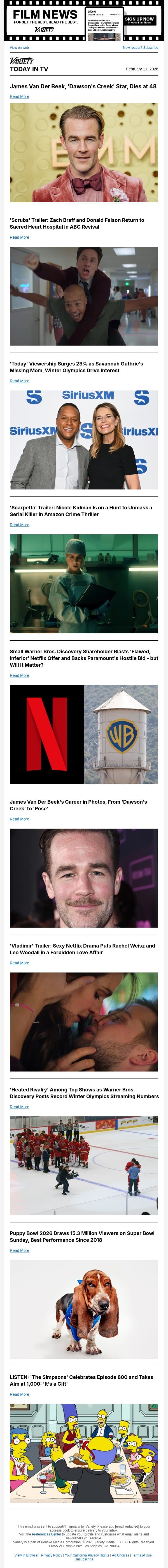 James Van Der Beek Dies; 'Scrubs' Trailer; 'Today' Viewership Surges email from Variety screenshot
