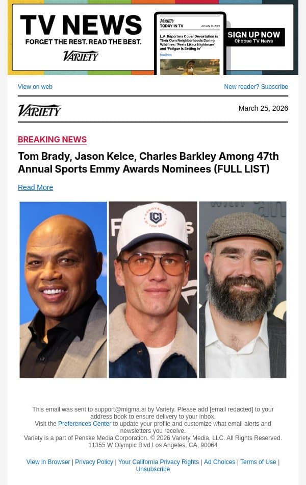Tom Brady, Jason Kelce, Charles Barkley Among 47th Annual Sports Emmy Awards Nominees (FULL LIST) email from Variety screenshot