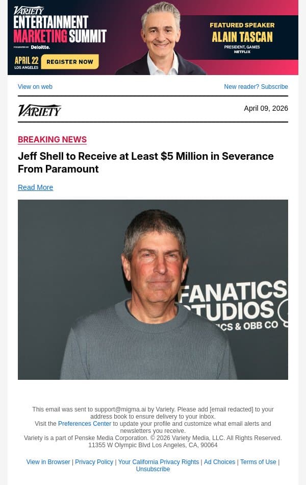 Jeff Shell to Receive at Least $5 Million in Severance From Paramount email from Variety screenshot