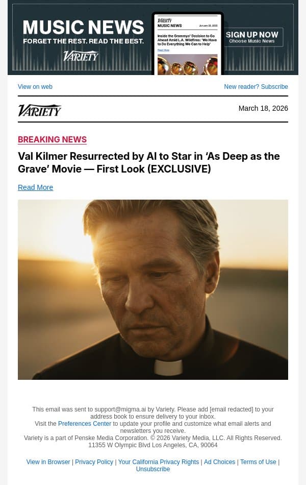 Val Kilmer Resurrected by AI to Star in ‘As Deep as the Grave’ Movie — First Look (EXCLUSIVE) email from Variety screenshot