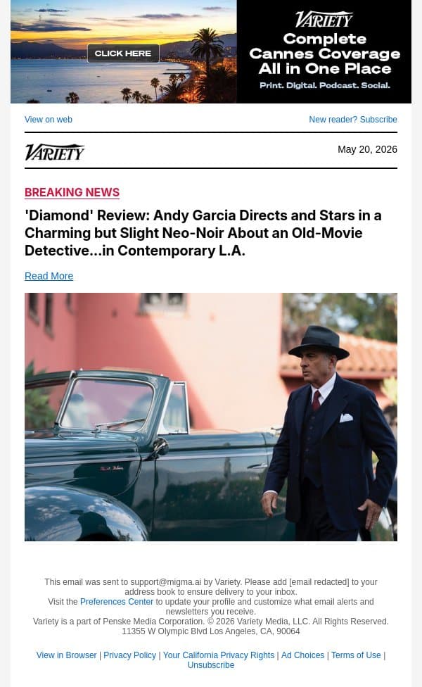 'Diamond' Review: Andy Garcia Directs and Stars in a Charming but Slight Neo-Noir About an Old-Movie Detective...in Contemporary L.A. email from Variety screenshot