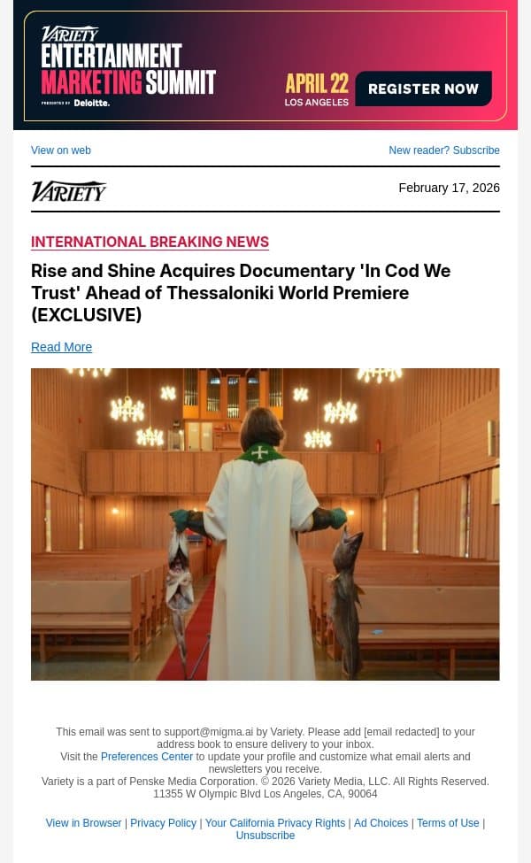 Rise and Shine Acquires Documentary 'In Cod We Trust' Ahead of Thessaloniki World Premiere (EXCLUSIVE) email from Variety screenshot