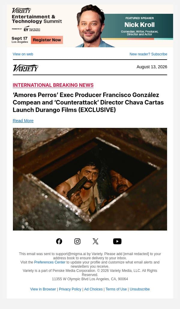 ‘Amores Perros’ Exec Producer Francisco González Compean and ‘Counterattack’ Director Chava Cartas Launch Durango Films (EXCLUSIVE) email from Variety screenshot