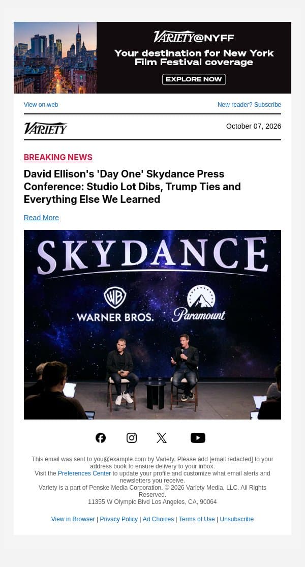 David Ellison's 'Day One' Skydance Press Conference: Studio Lot Dibs, Trump Ties and Everything Else We Learned email from Variety screenshot