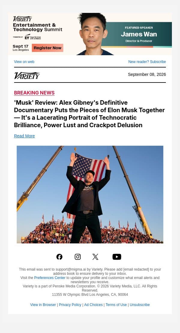 'Musk' Review: Alex Gibney's Definitive Documentary Puts the Pieces of Elon Musk Together — It's a Lacerating Portrait of Technocratic Brilliance, Power Lust and Crackpot Delusion email from Variety screenshot