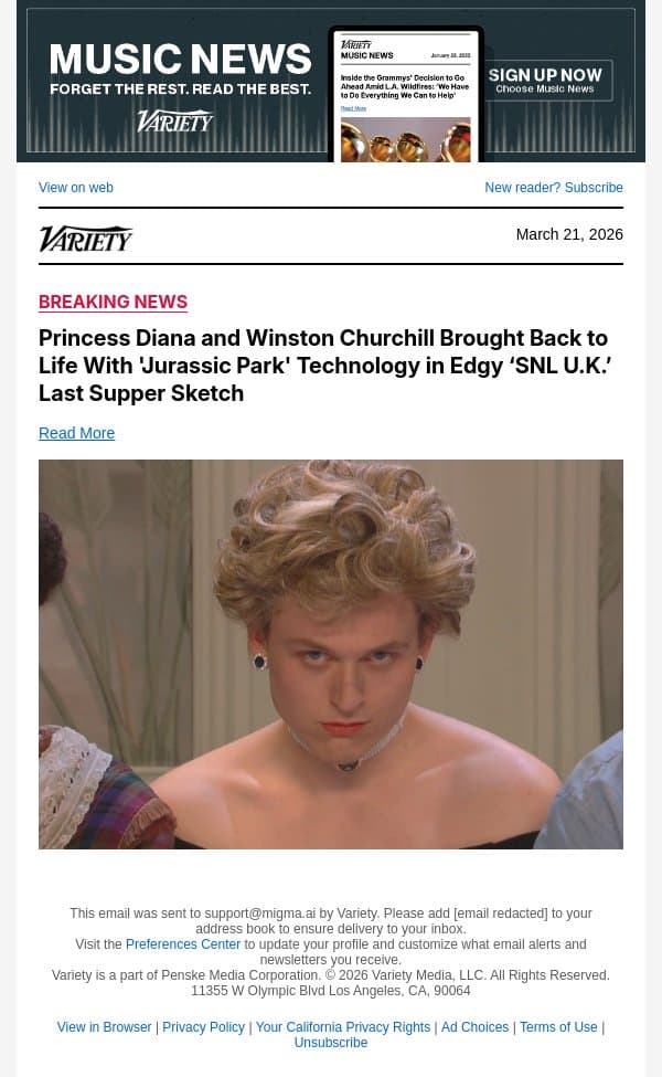 Princess Diana and Winston Churchill Brought Back to Life With 'Jurassic Park' Technology in Edgy ‘SNL U.K.’ Last Supper Sketch email from Variety screenshot