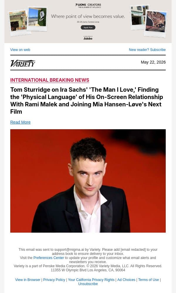 Tom Sturridge on Ira Sachs' 'The Man I Love,' Finding the 'Physical Language' of His On-Screen Relationship With Rami Malek and Joining Mia Hansen-Løve's Next Film email from Variety screenshot