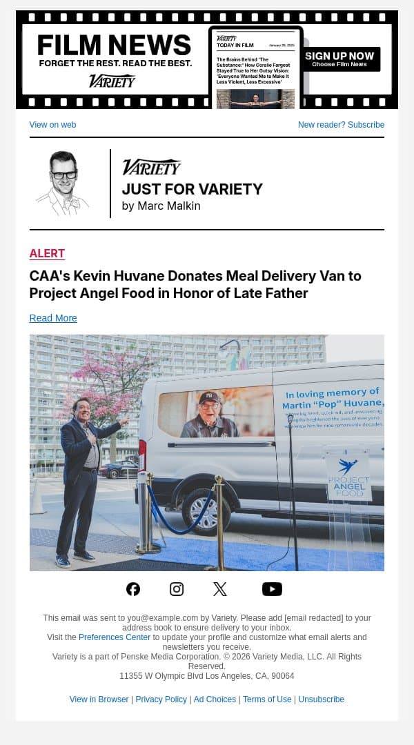 CAA's Kevin Huvane Donates Meal Delivery Van to Project Angel Food in Honor of Late Father email from Variety screenshot