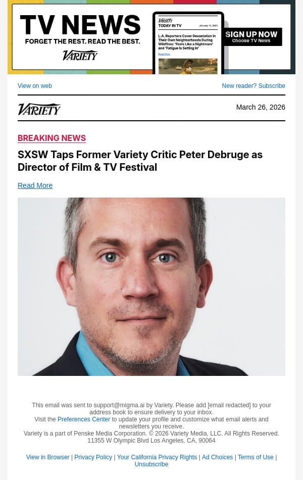 SXSW Taps Former Variety Critic Peter Debruge as Director of Film and TV Festival email from Variety screenshot