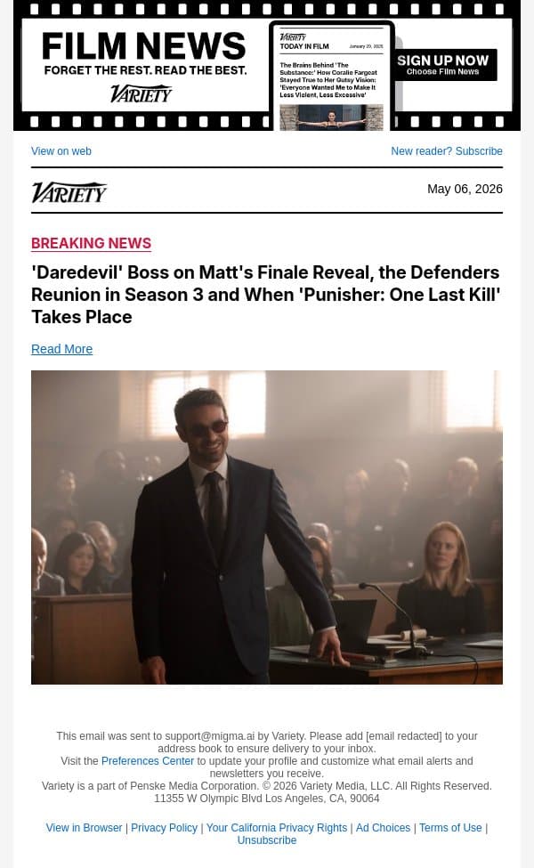 'Daredevil' Boss on Matt's Finale Reveal, the Defenders Reunion in Season 3 and When 'Punisher: One Last Kill' Takes Place email from Variety screenshot