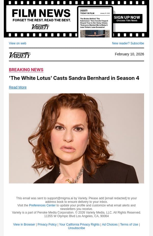 'The White Lotus' Casts Sandra Bernhard in Season 4 email from Variety screenshot
