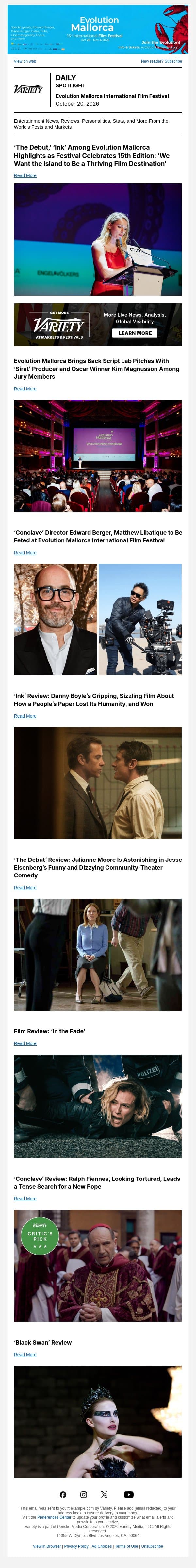 Evolution Mallorca Highlights; Script Lab’s Back in Mallorca; 2026 Honorees email from Variety screenshot