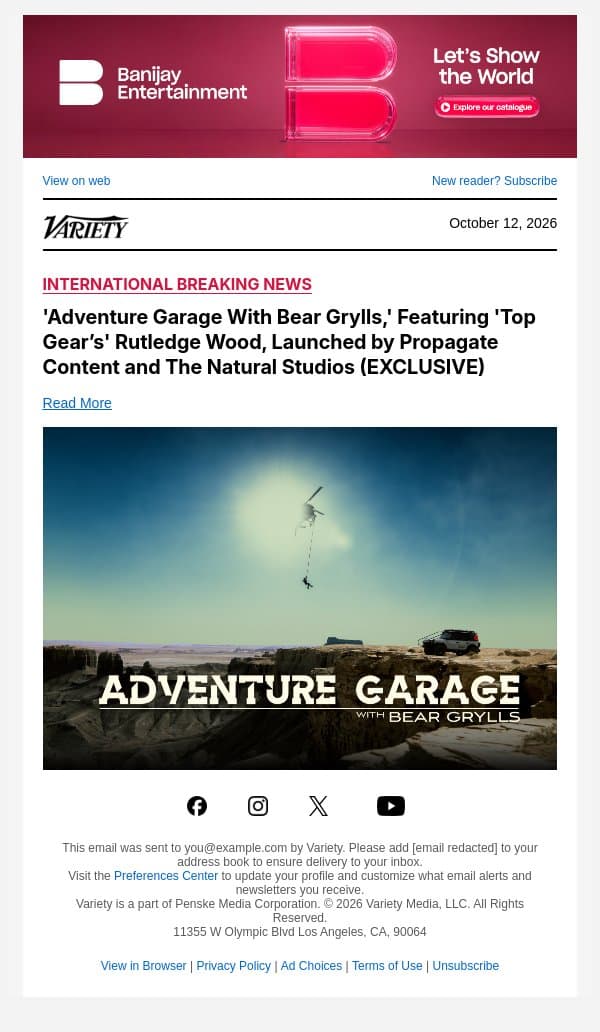 'Adventure Garage With Bear Grylls,' Featuring 'Top Gear’s' Rutledge Wood, Launched by Propagate Content and The Natural Studios (EXCLUSIVE) email from Variety screenshot