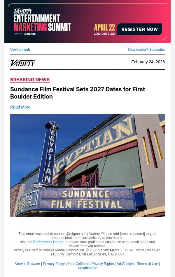 Sundance Film Festival Sets 2027 Dates for First Boulder Edition email from Variety screenshot
