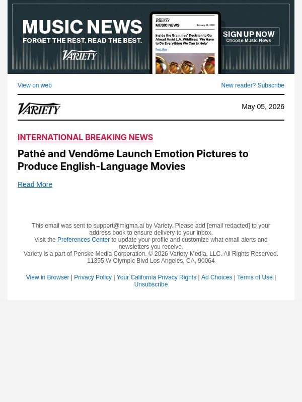 Pathé and Vendôme Launch Emotion Pictures to Produce English-Language Movies email from Variety screenshot