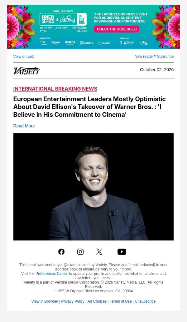European Entertainment Leaders Mostly Optimistic About David Ellison's Takeover of Warner Bros. : 'I Believe in His Commitment to Cinema' email from Variety screenshot