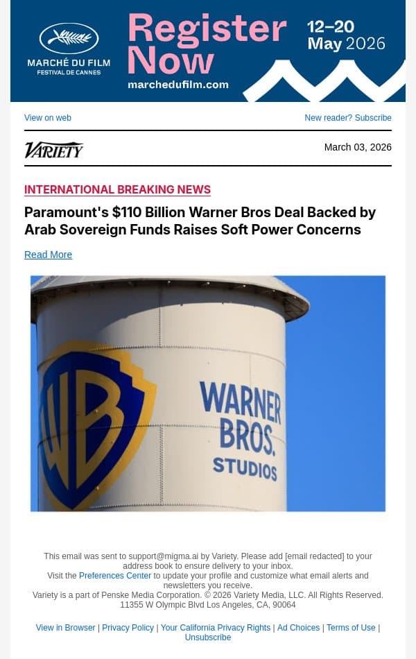 Paramount's $110 Billion Warner Bros Deal Backed by Arab Sovereign Funds Raises Soft Power Concerns email from Variety screenshot