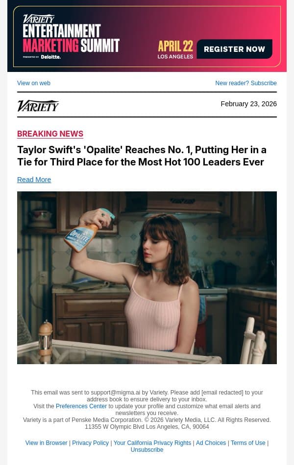 Taylor Swift's 'Opalite' Reaches No. 1, Putting Her in a Tie for Third Place for the Most Hot 100 Leaders Ever email from Variety screenshot