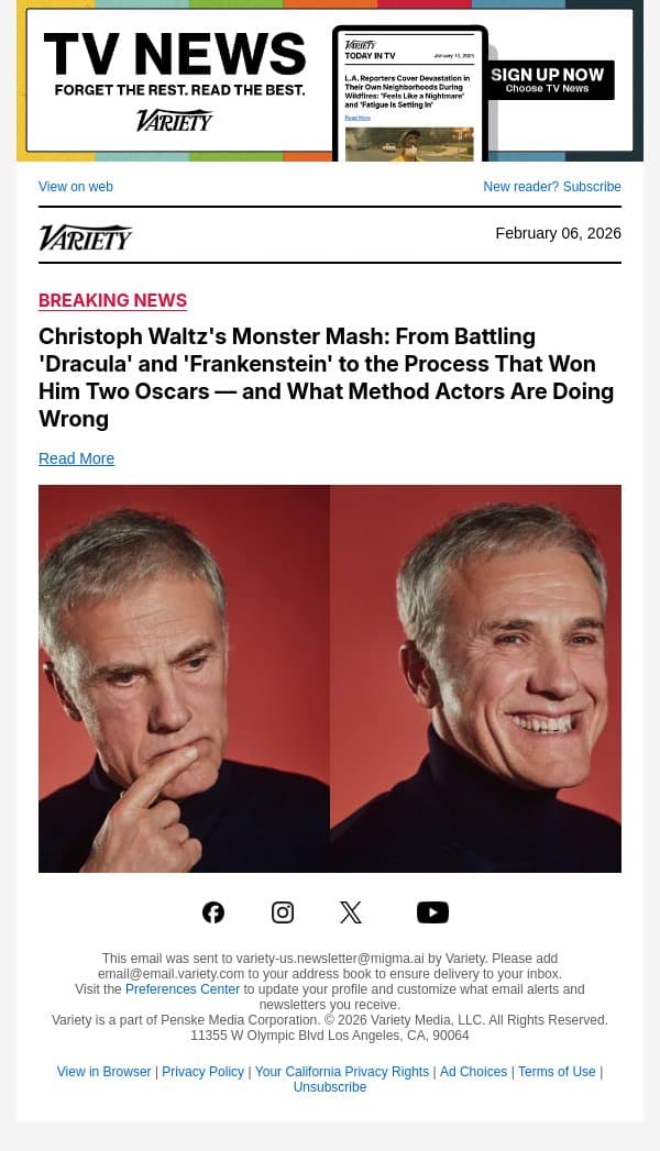 Christoph Waltz's Monster Mash: From Battling 'Dracula' and 'Frankenstein' to the Process That Won Him Two Oscars — and What Method Actors Are Doing Wrong email from Variety screenshot