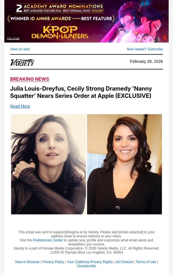 Julia Louis-Dreyfus, Cecily Strong Dramedy 'Nanny Squatter' Nears Series Order at Apple (EXCLUSIVE) email from Variety screenshot