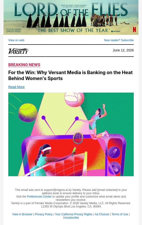 For the Win: Why Versant Media is Banking on the Heat Behind Women's Sports email from Variety screenshot