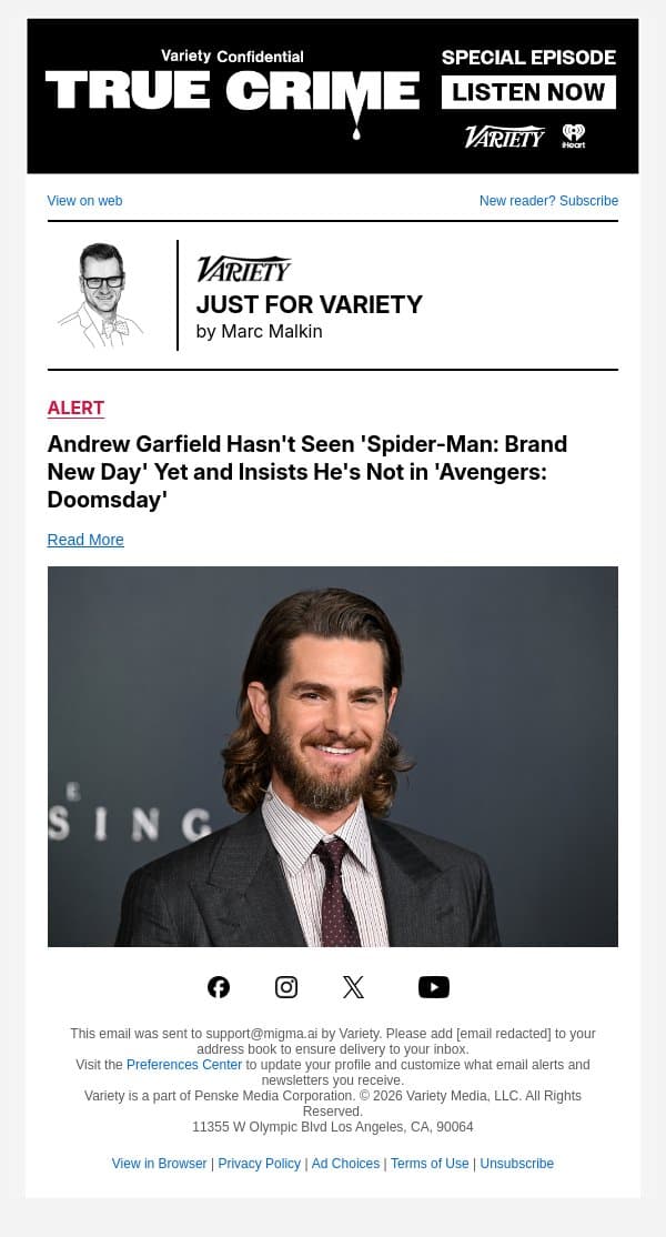 Andrew Garfield Hasn't Seen 'Spider-Man: Brand New Day' Yet and Insists He's Not in 'Avengers: Doomsday' email from Variety screenshot