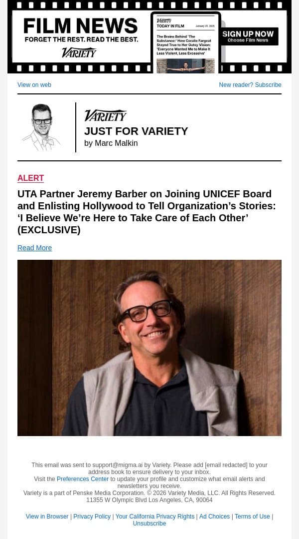 UTA Partner Jeremy Barber on Joining UNICEF Board and Enlisting Hollywood to Tell Organization’s Stories: ‘I Believe We’re Here to Take Care of Each Other’ (EXCLUSIVE) email from Variety screenshot