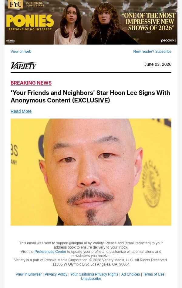 'Your Friends and Neighbors' Star Hoon Lee Signs With Anonymous Content (EXCLUSIVE) email from Variety screenshot