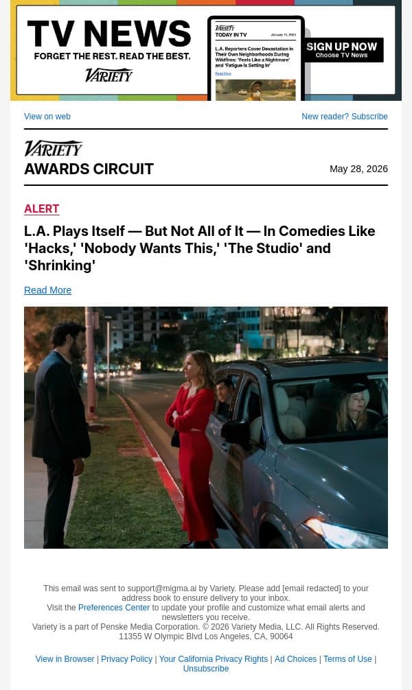 L.A. Plays Itself — But Not All of It — In Comedies Like 'Hacks,' 'Nobody Wants This,' 'The Studio' and 'Shrinking' email from Variety screenshot