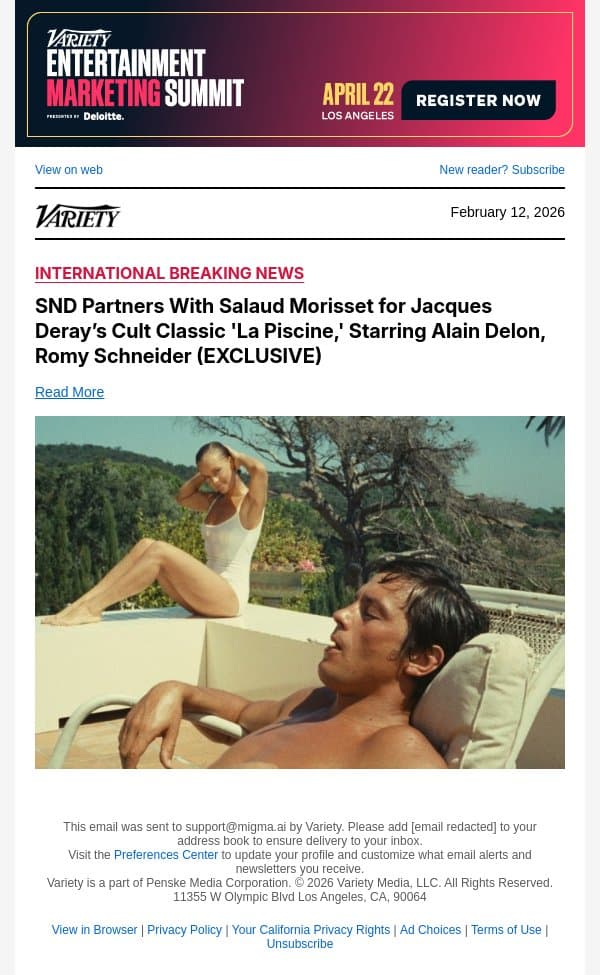 SND Partners With Salaud Morisset for Jacques Deray’s Cult Classic 'La Piscine,' Starring Alain Delon, Romy Schneider (EXCLUSIVE) email from Variety screenshot