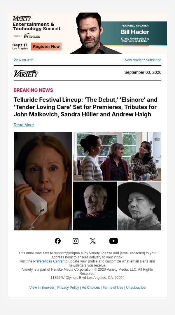 Telluride Festival Lineup: 'The Debut,' 'Elsinore' and 'Tender Loving Care' Set for Premieres, Tributes for John Malkovich, Sandra Hüller and Andrew Haigh email from Variety screenshot
