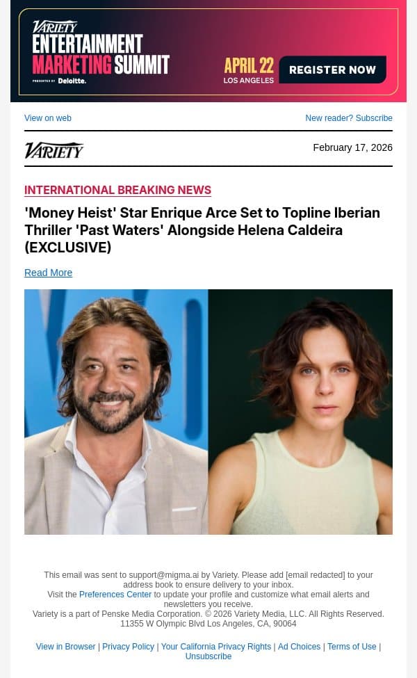 'Money Heist' Star Enrique Arce Set to Topline Iberian Thriller 'Past Waters' Alongside Helena Caldeira (EXCLUSIVE) email from Variety screenshot