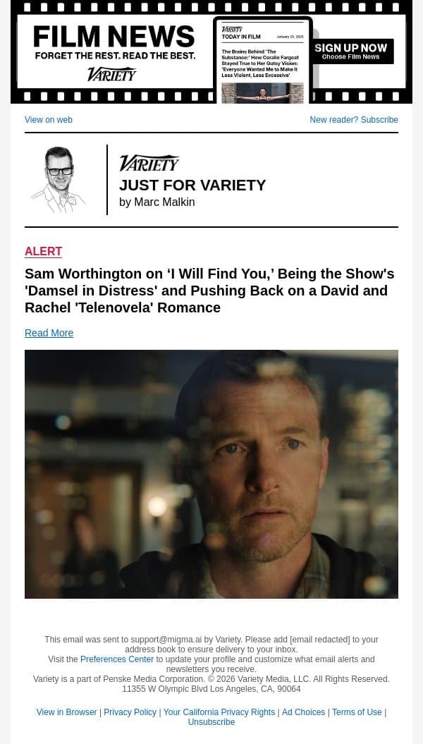 Sam Worthington on ‘I Will Find You,’ Being the Show's 'Damsel in Distress' and Pushing Back on a David and Rachel 'Telenovela' Romance email from Variety screenshot