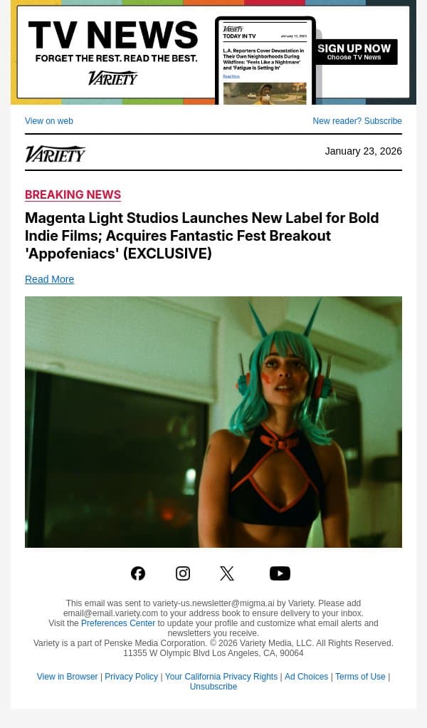 Magenta Light Studios Launches New Label for Bold Indie Films; Acquires Fantastic Fest Breakout 'Appofeniacs' (EXCLUSIVE) email from Variety screenshot