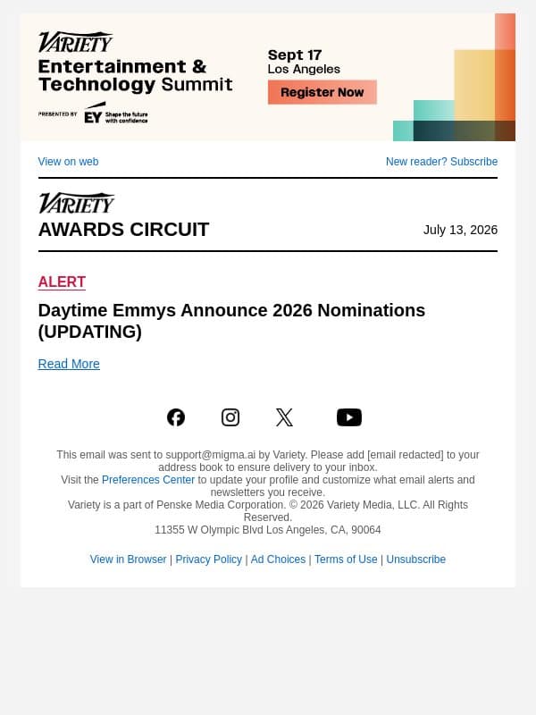 Daytime Emmys Announce 2026 Nominations (UPDATING) email from Variety screenshot