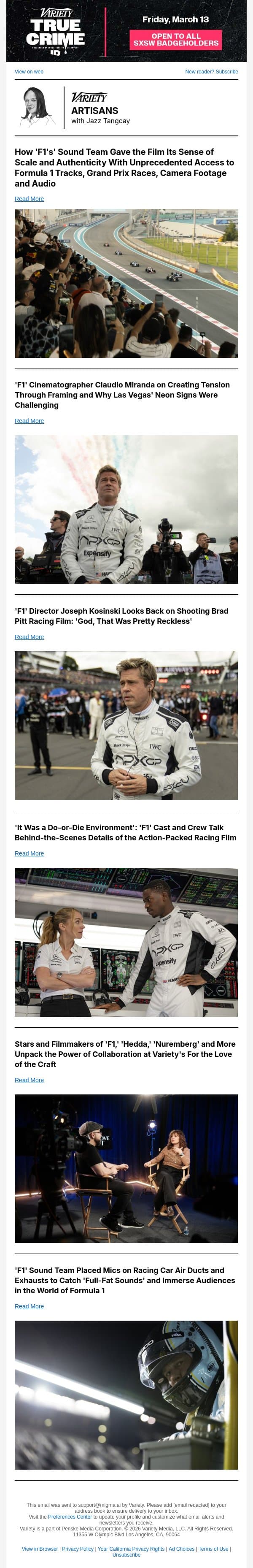 The Crafts of 'F1' email from Variety screenshot