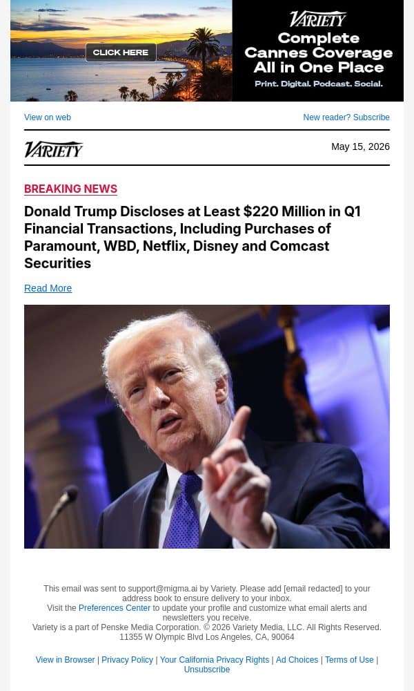 Donald Trump Discloses at Least $220 Million in Q1 Financial Transactions, Including Purchases of Paramount, WBD, Netflix, Disney and Comcast Securities email from Variety screenshot
