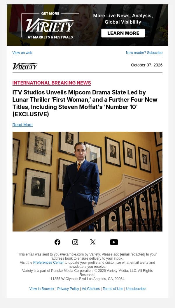 ITV Studios Unveils Mipcom Drama Slate Led by Lunar Thriller ‘First Woman,’ and a Further Four New Titles, Including Steven Moffat's 'Number 10' (EXCLUSIVE) email from Variety screenshot